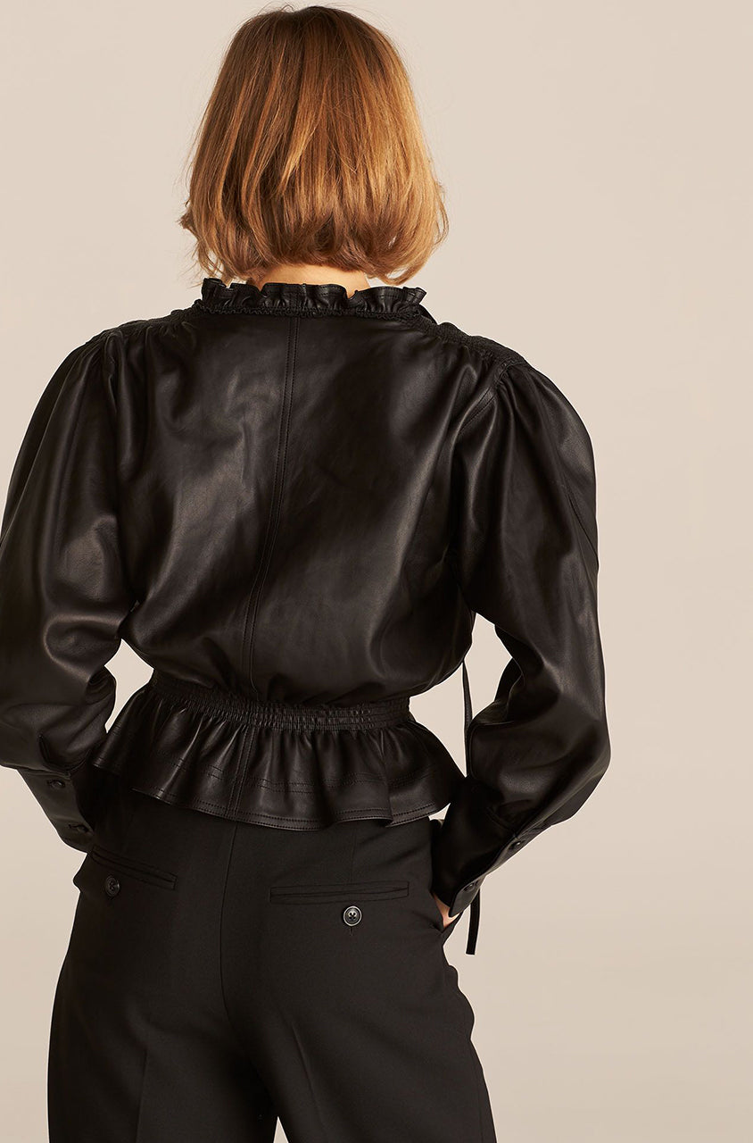 Black Smocked Waist Leather Blouse Glove Leather Blouse in Black by Rebecca Taylor