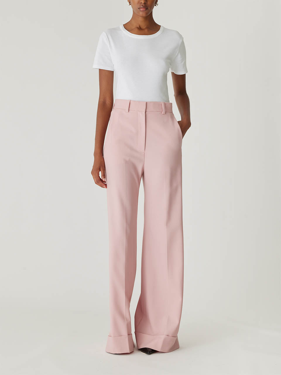 Pink High-Waist Suit Pants Calvary Twill Wide Leg Trouser in Calamine Pink by Rebecca Taylor