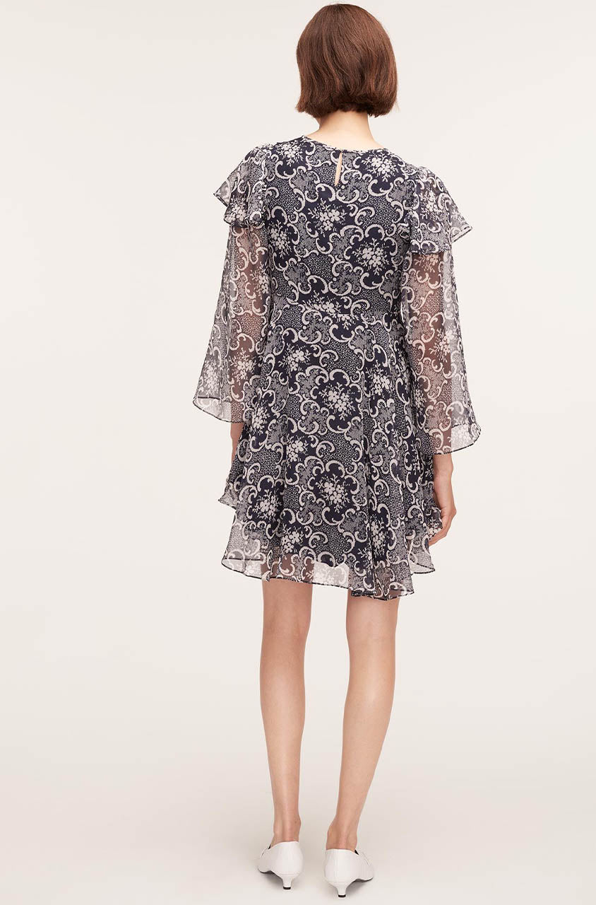  Rochelle Fleur Ruffle Silk Dress in Rochelle Fleur Navy Combo by Rebecca Taylor