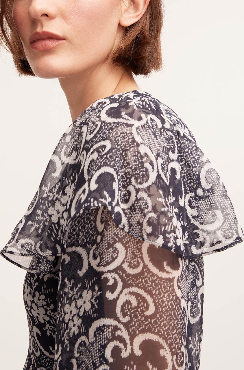  Rochelle Fleur Ruffle Silk Dress in Rochelle Fleur Navy Combo by Rebecca Taylor