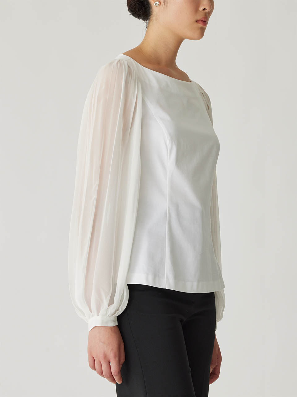 White Cuff Long-Sleeve Top Heavy Cotton Chintz Boat Neck Top in Milk by Rebecca Taylor