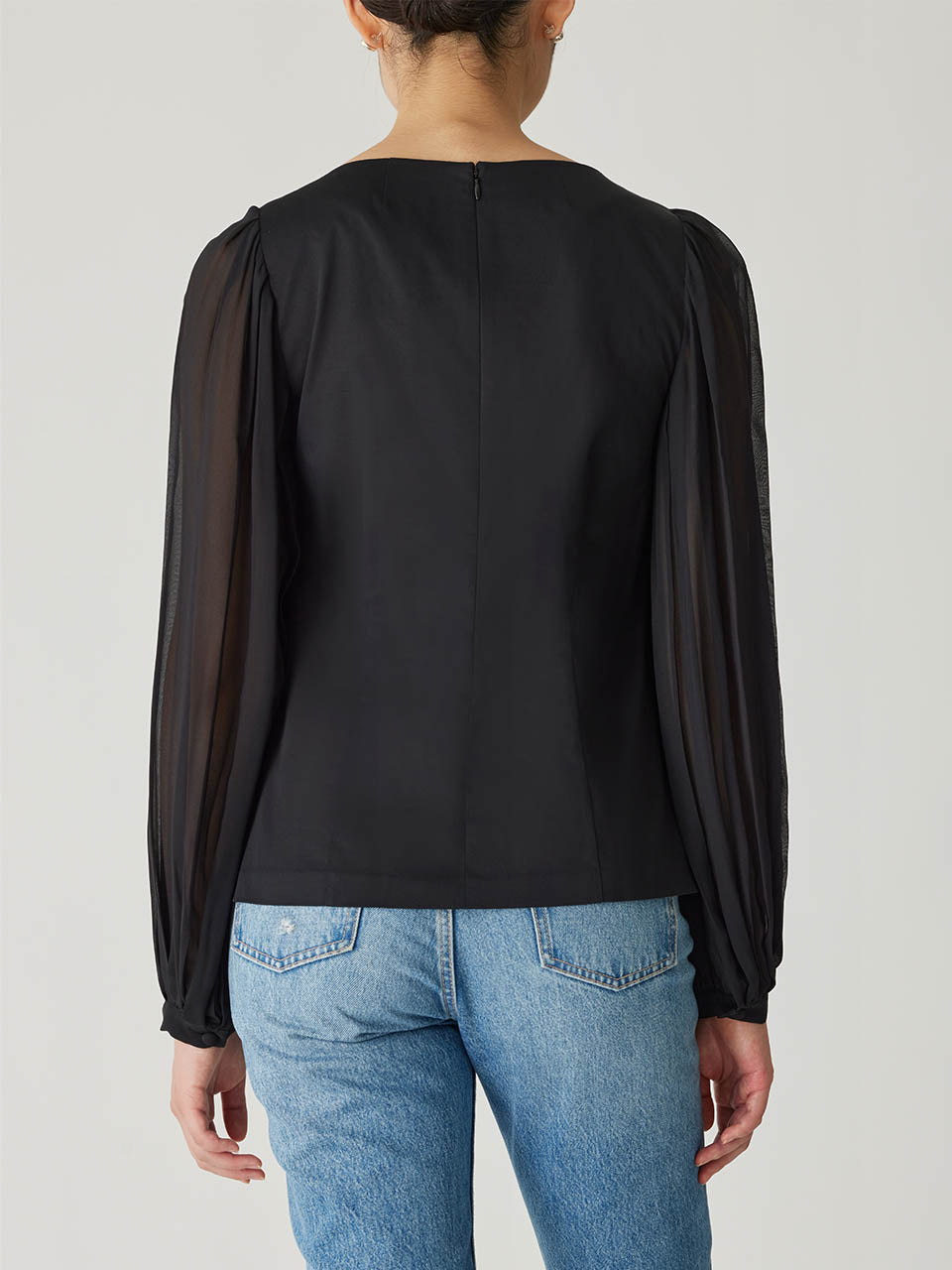 Black Cuff Long-Sleeve Top Heavy Cotton Chintz Boat Neck Top in Black by Rebecca Taylor