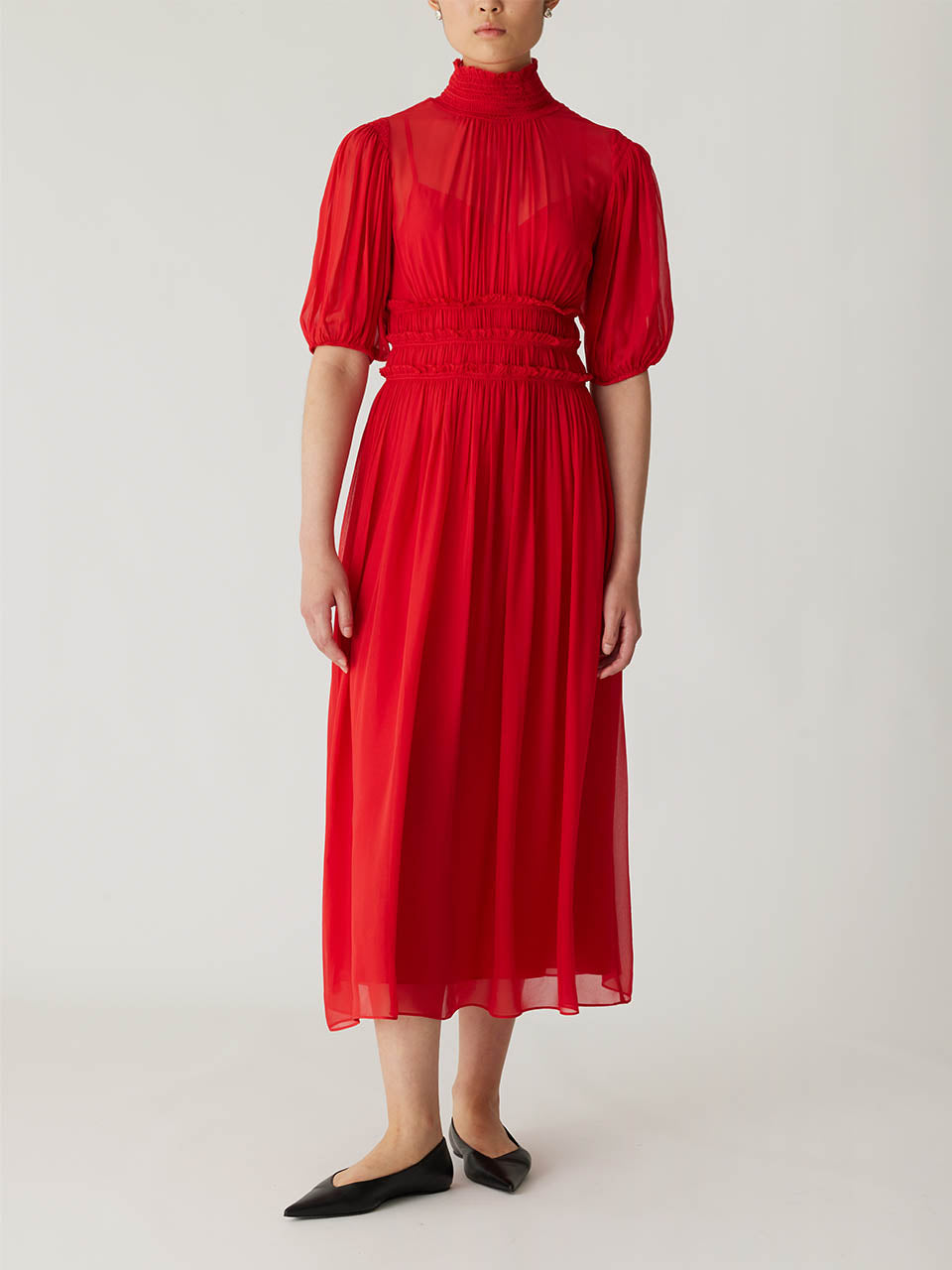 puff chiffon red dress For Love & Lemons romantic look. Artyska Women's Collared Puffed Long
