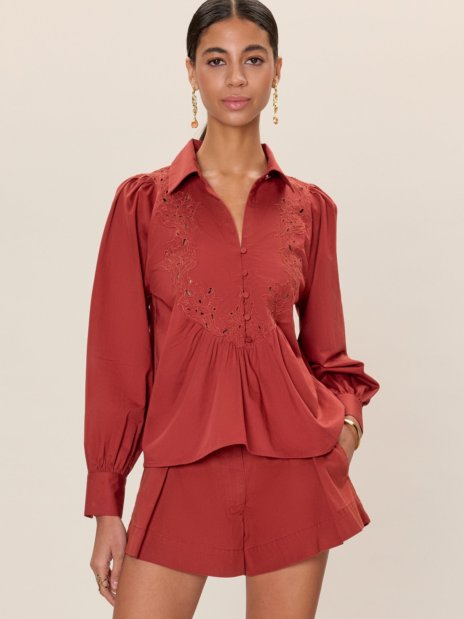  Rachelle Pop Over Blouse in Burnt Sienna by Rebecca Taylor