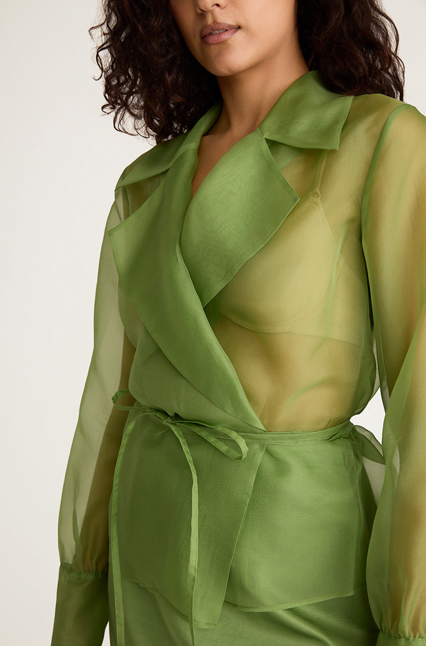 Green Long-Sleeve Sheer Shirt - Fern Organza Wrap Shirt - Rebecca Taylor