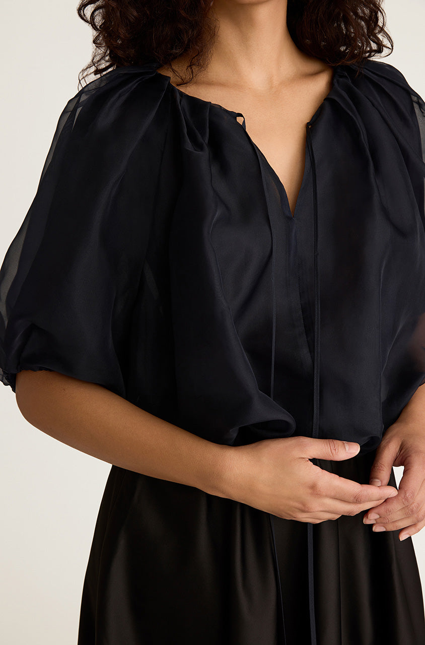 Dark Navy Iridescent Bubble Top Silk Chiffon Bubble Top in Midnight by Rebecca Taylor