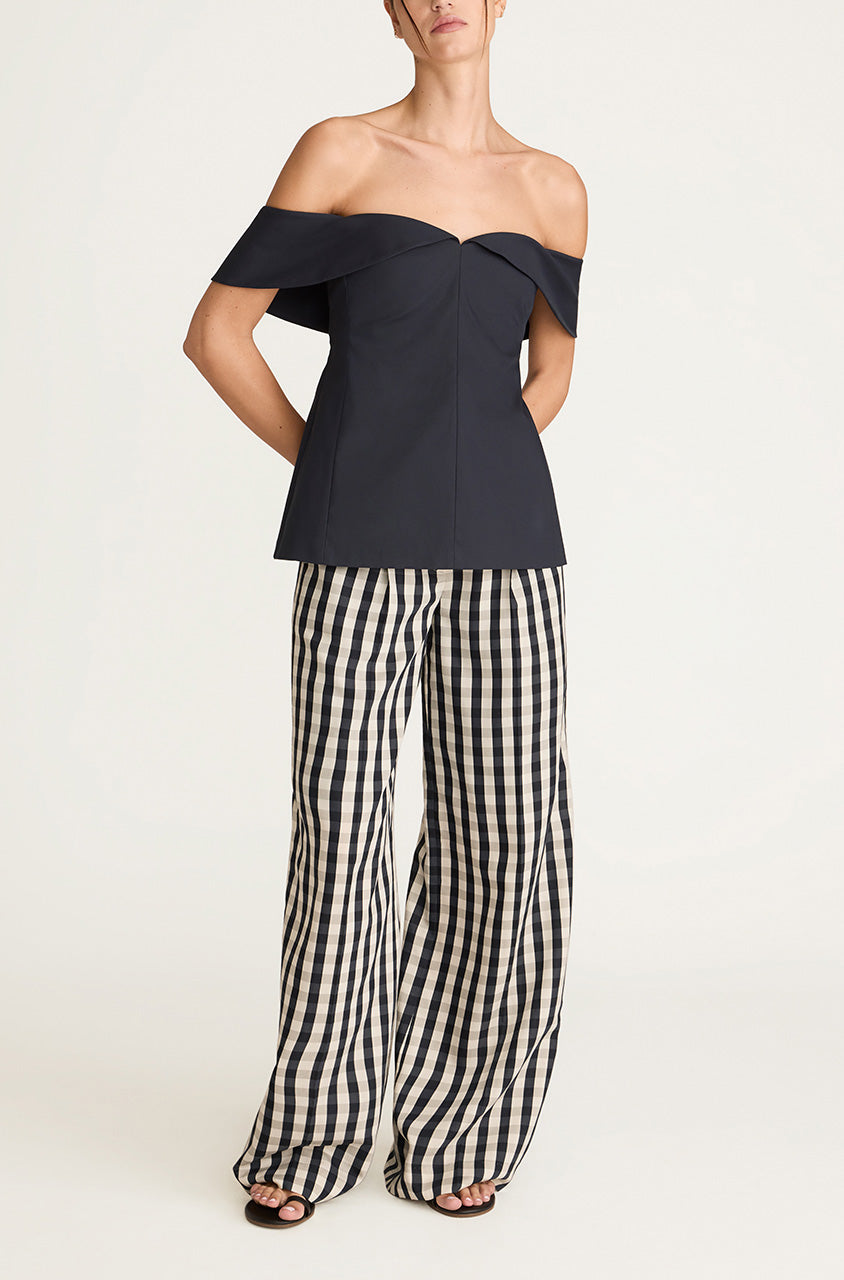 Dark Navy Structured Off-Shoulder Top Cotton Sateen Draped Shoulder Top in Midnight by Rebecca Taylor