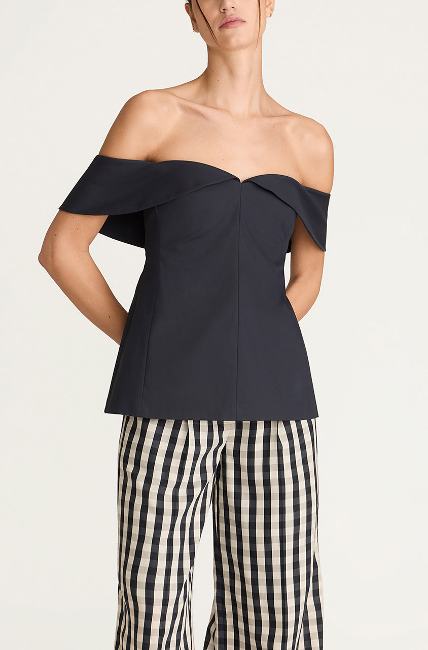 Dark Navy Structured Off-Shoulder Top Cotton Sateen Draped Shoulder Top in Midnight by Rebecca Taylor