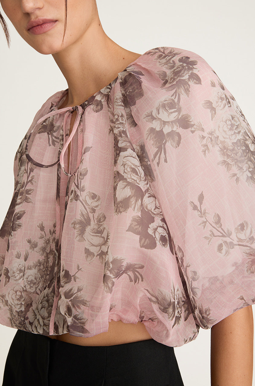 Pink Floral Silk Bubble Blouse Emblem Fleur Bubble Print Top in Peony Combo by Rebecca Taylor