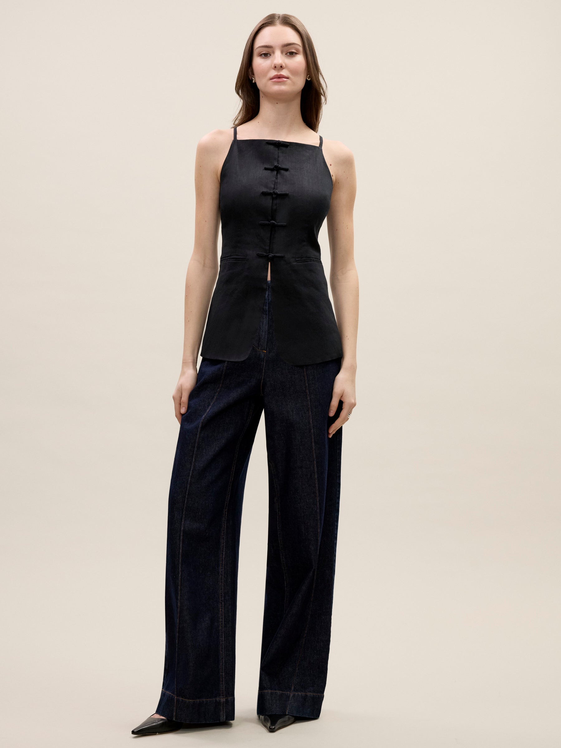  Beatrice Stretch Linen Top in Black by Rebecca Taylor
