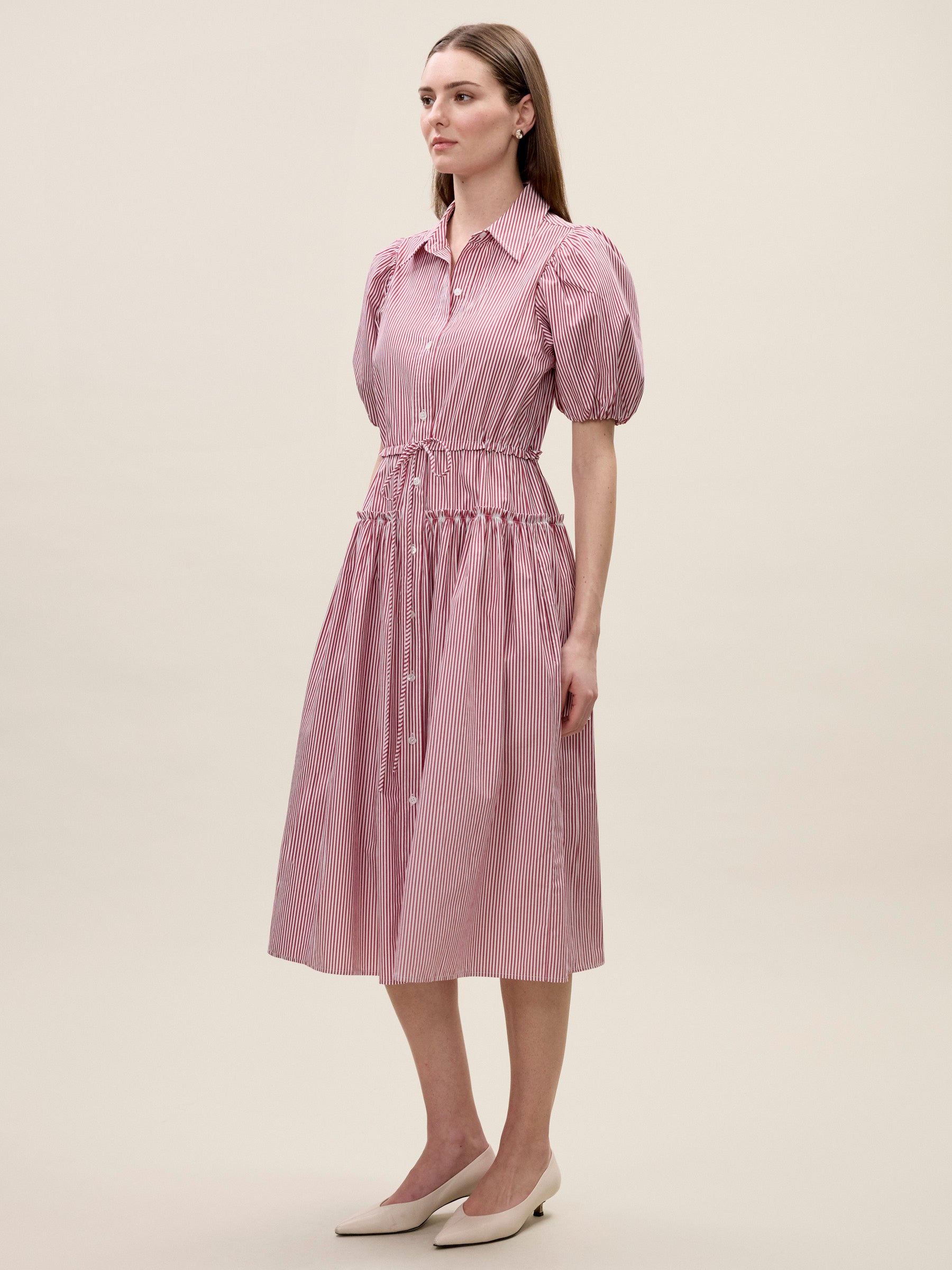 Puff Sleeve Shirt Dress Poplin Shirt Dress in Red Stripe by Rebecca Taylor