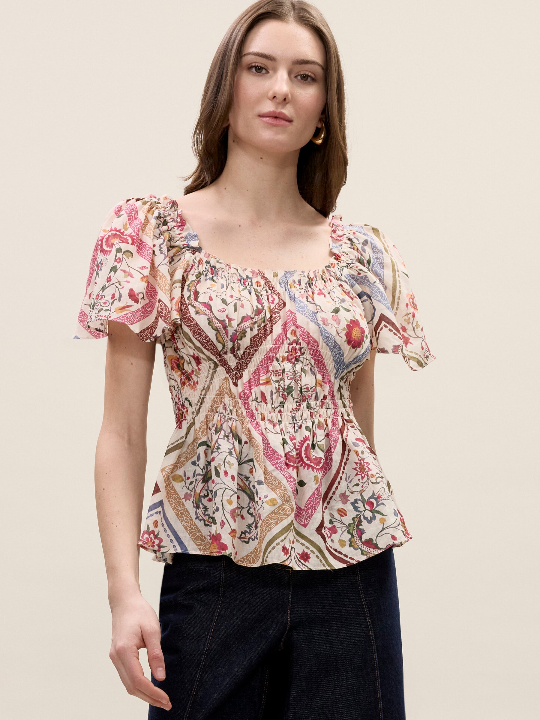  Anya Ramie Top in Montage Floral Ivory Combo by Rebecca Taylor