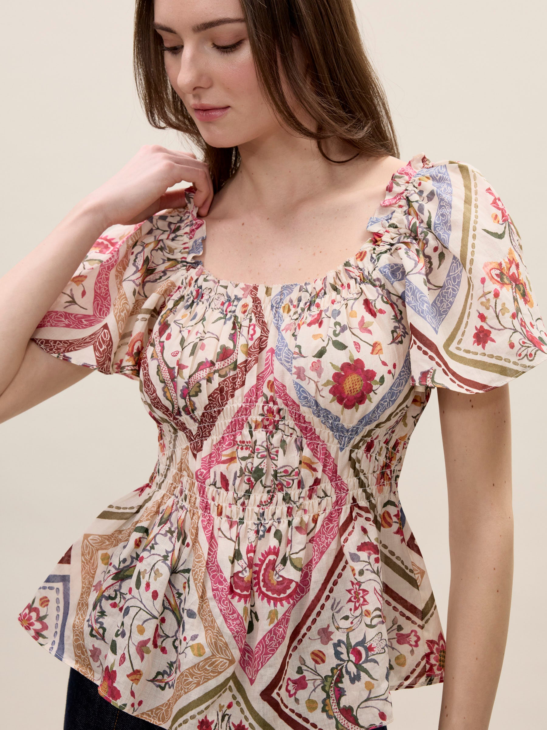  Anya Ramie Top in Montage Floral Ivory Combo by Rebecca Taylor