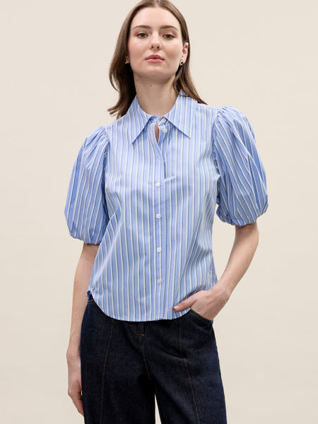 Blue Stripe Priya Poplin Blouse - Rebecca Taylor