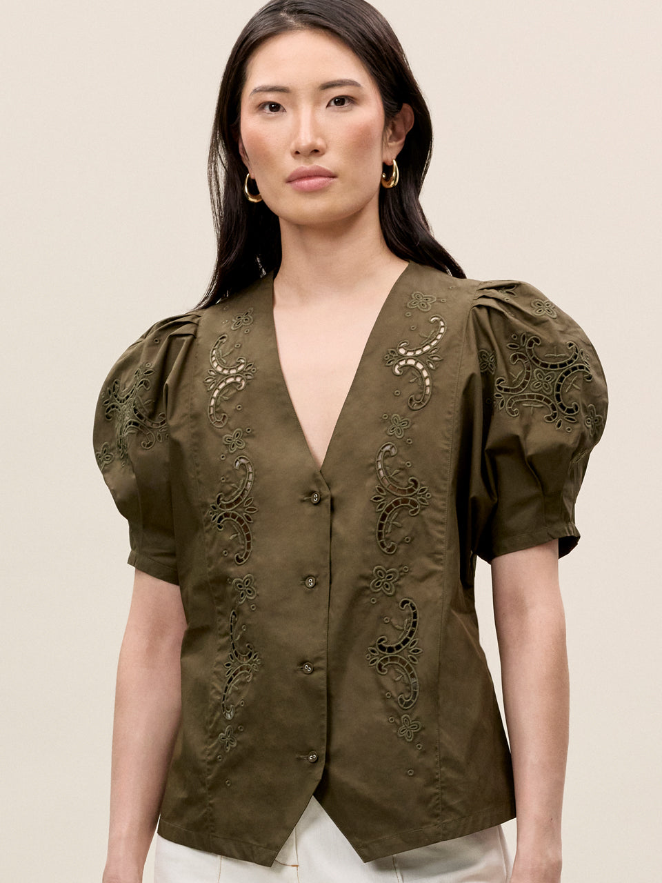  Raquel Twill Shirt in Olive by Rebecca Taylor