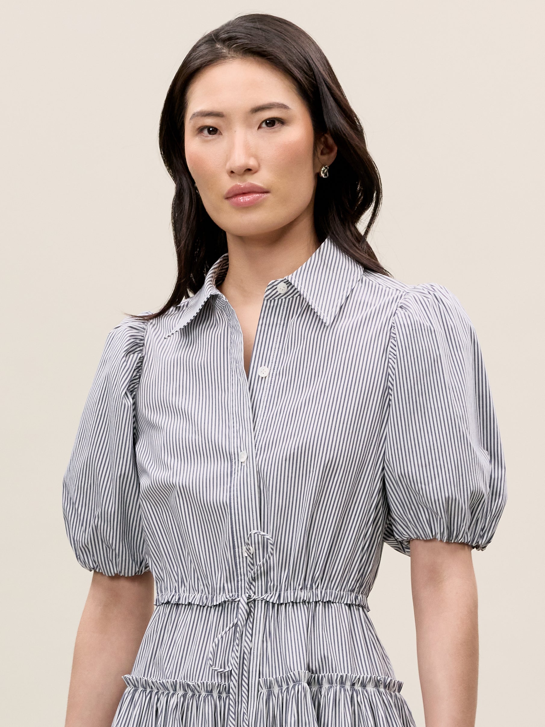 Dark Navy Puff Sleeve Shirt Dress Poplin Shirt Dress in Blue Stripe by Rebecca Taylor