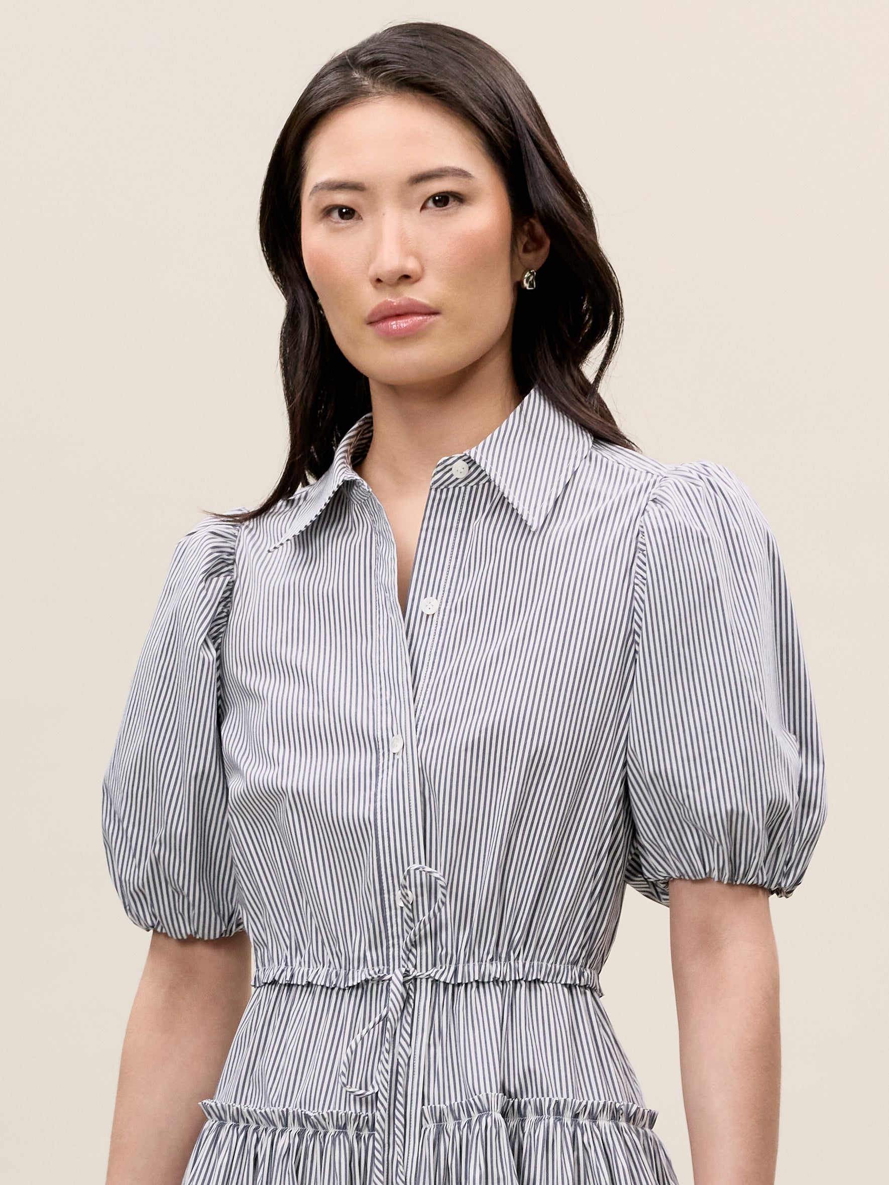 blue poplin shirt dress Blue Cotton Poplin Fit and Flare Short Button-Down Shirt Dress 36" / Tall (5'7" and above)