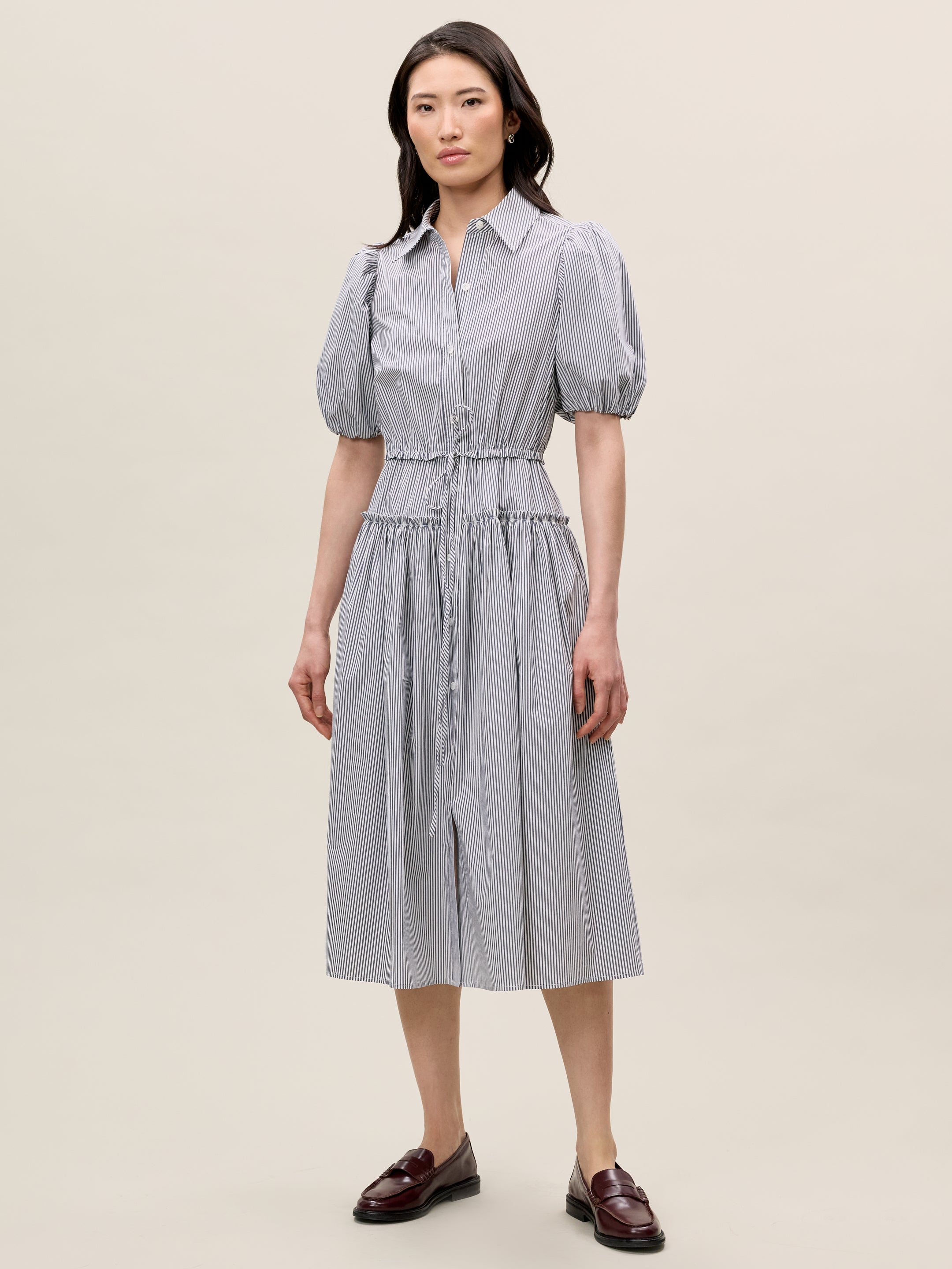 Dark Navy Puff Sleeve Shirt Dress Poplin Shirt Dress in Blue Stripe by Rebecca Taylor