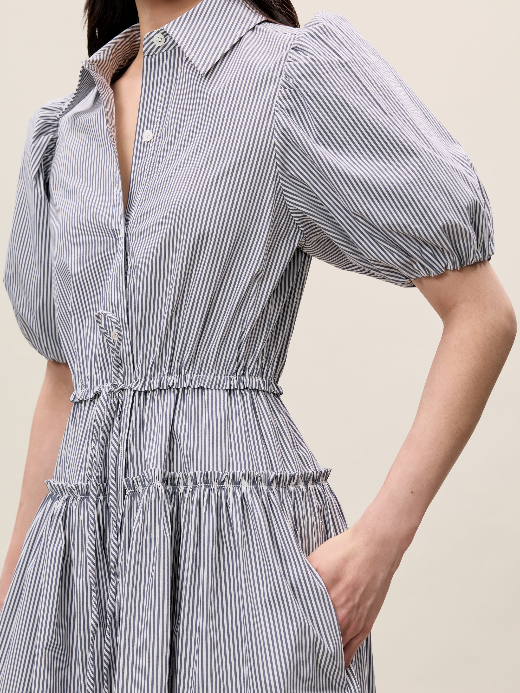 Dark Navy Puff Sleeve Shirt Dress Poplin Shirt Dress in Blue Stripe by Rebecca Taylor