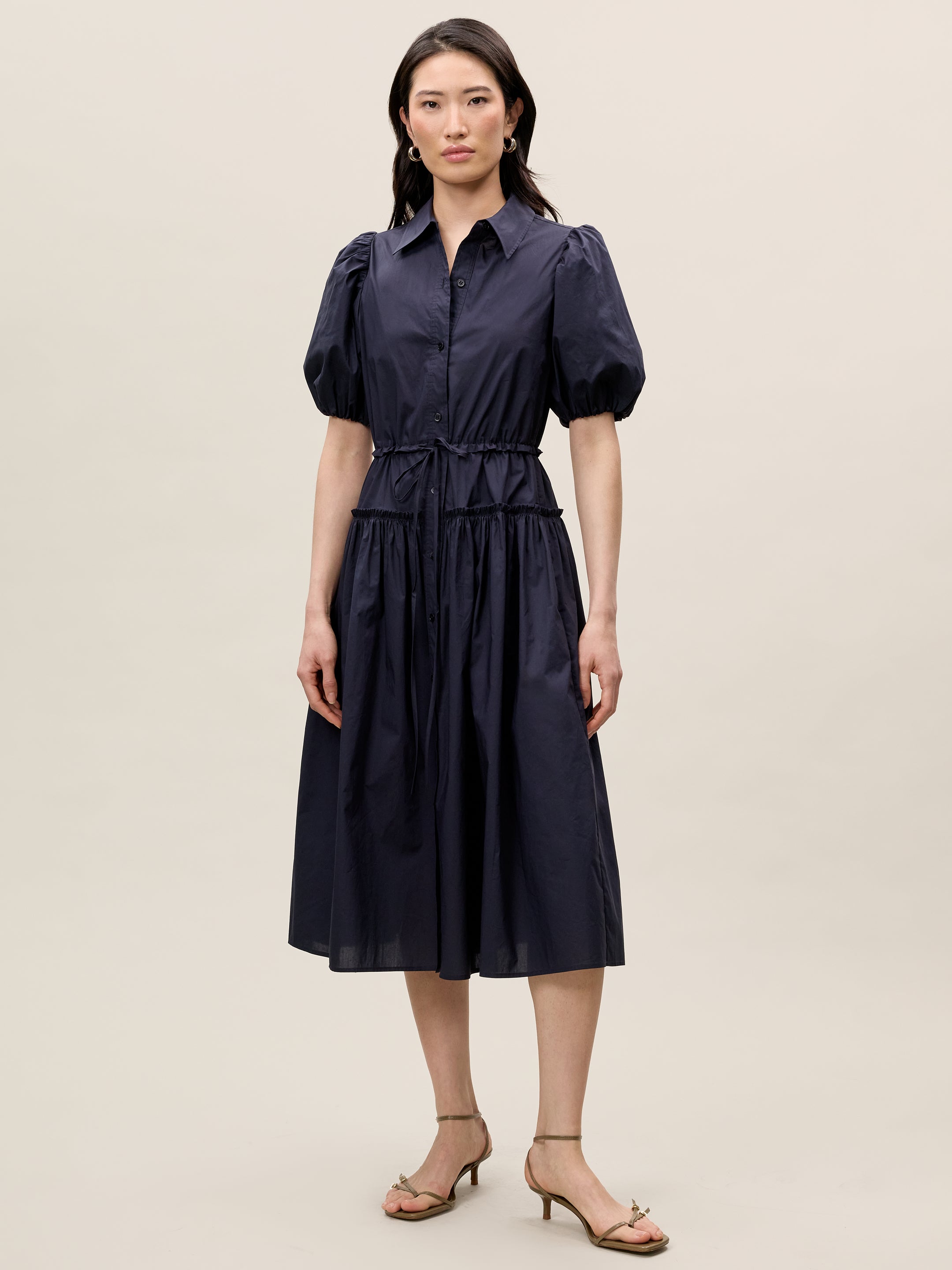Dark Navy Puff Sleeve Shirt Dress Poplin Shirt Dress in Navy by Rebecca Taylor