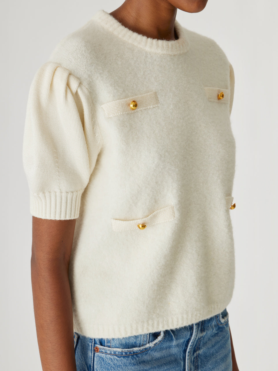 Cream Puffed Sleeve Sweater Boucle Texture Lady Pullover in Cream by Rebecca Taylor