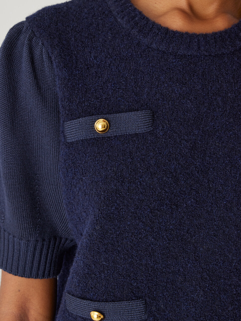 Navy Puffed Sleeve Sweater Boucle Texture Lady Pullover in Dark Navy by Rebecca Taylor