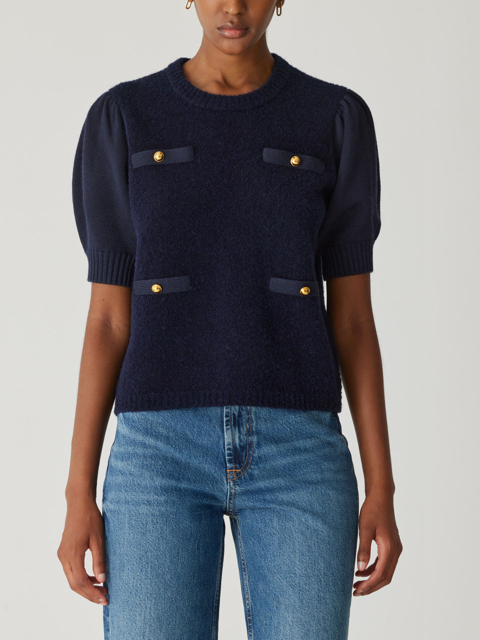 Navy Puffed Sleeve Sweater Boucle Texture Lady Pullover in Dark Navy by Rebecca Taylor