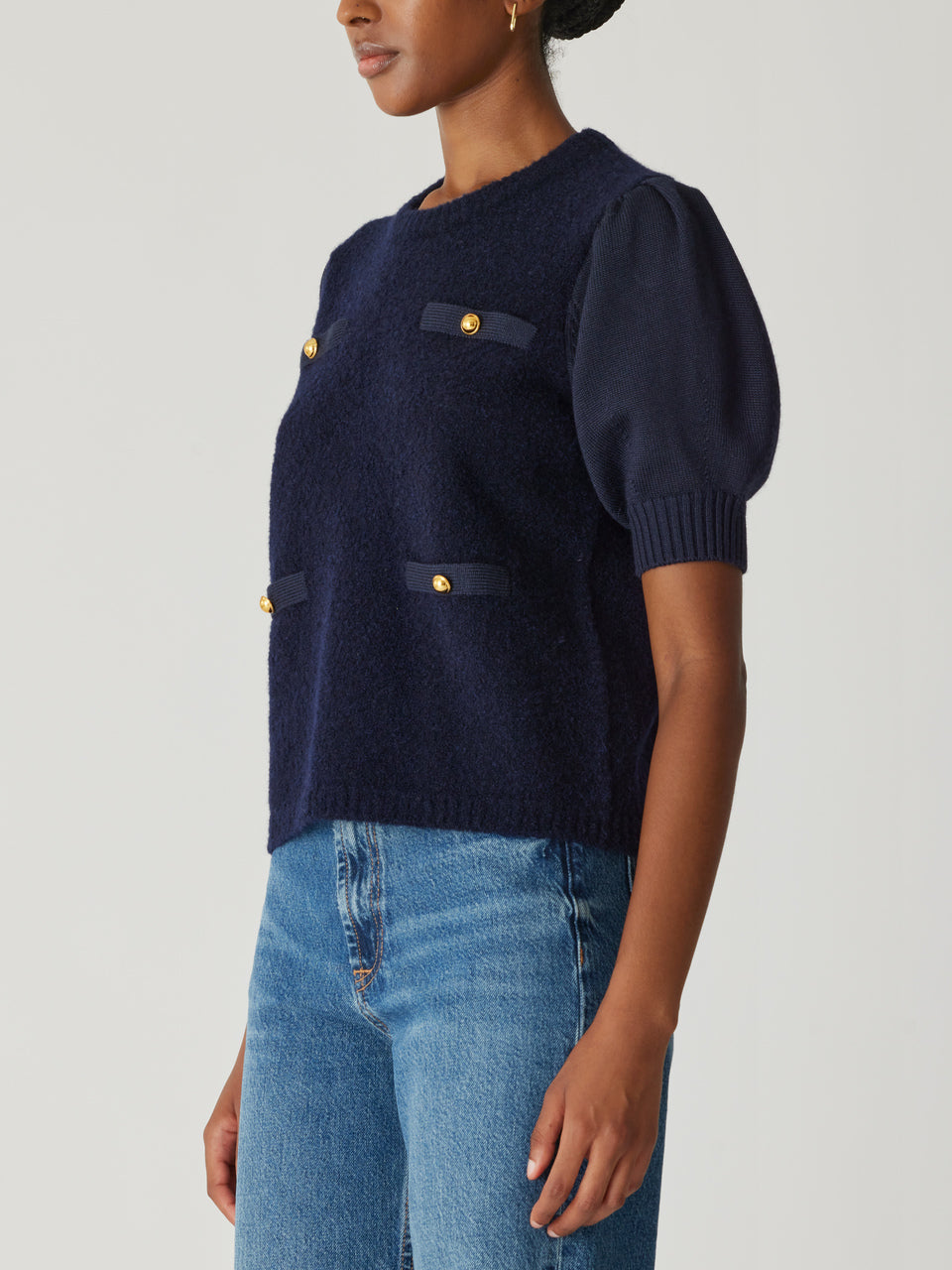 Navy Puffed Sleeve Sweater Boucle Texture Lady Pullover in Dark Navy by Rebecca Taylor