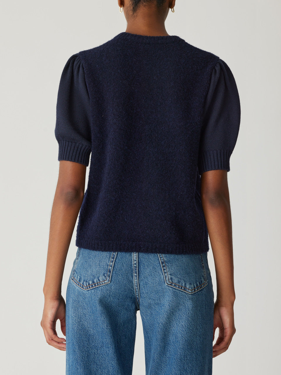 Navy Puffed Sleeve Sweater Boucle Texture Lady Pullover in Dark Navy by Rebecca Taylor