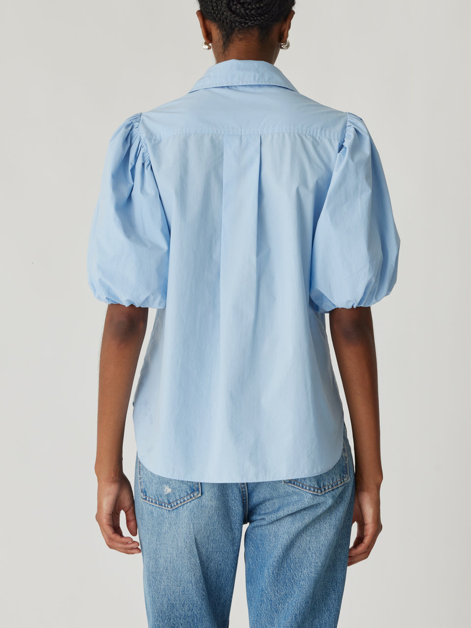 Blue Puff Short-Sleeve Shirt Puff Sleeve Button Down Shirt in French Blue by Rebecca Taylor