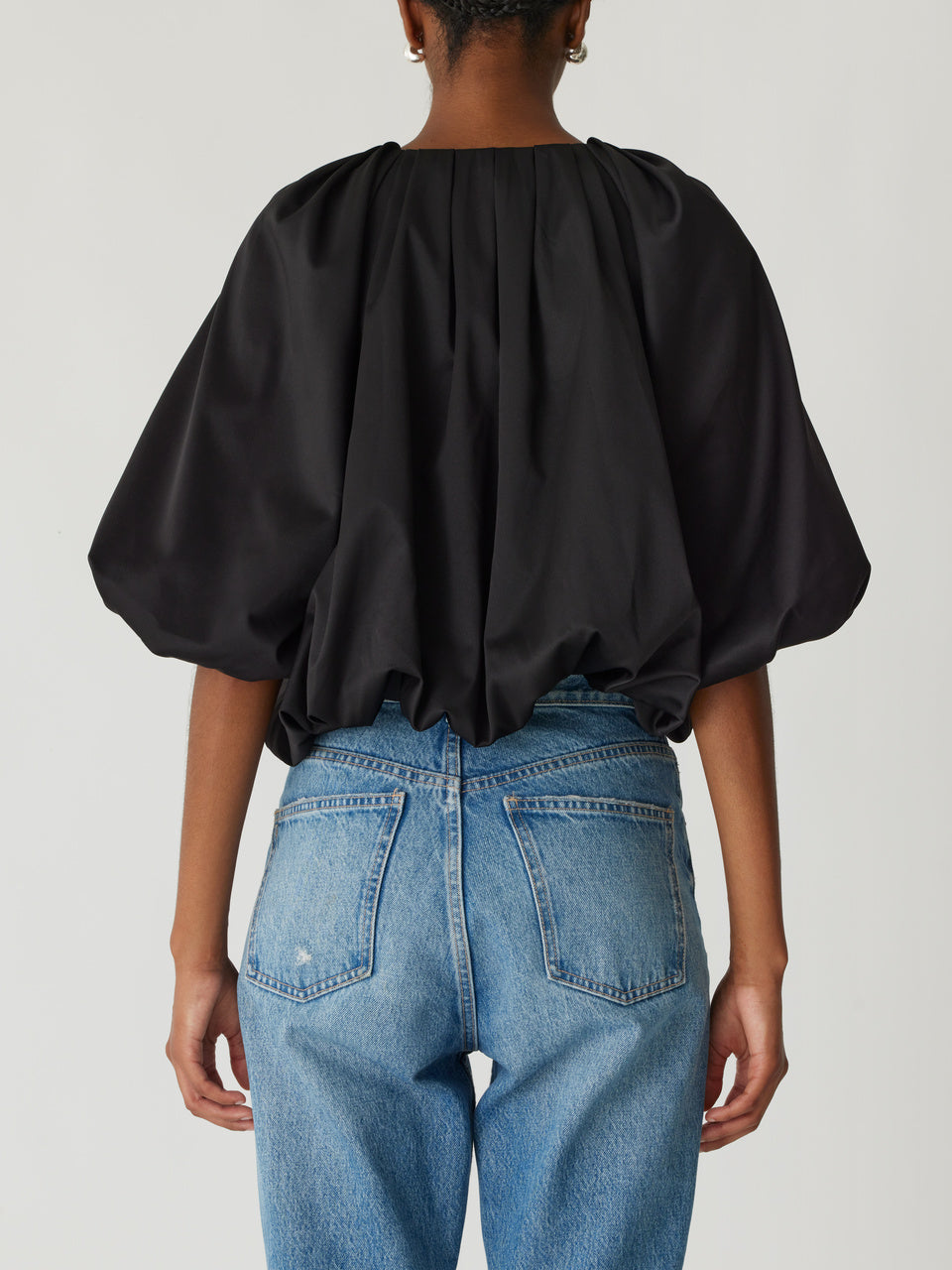 Black Gathered Neckline Sateen Top Techy Sateen Bubble Top in Black by Rebecca Taylor