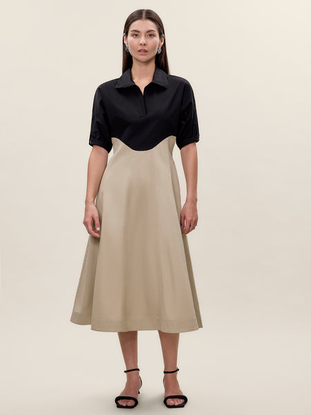 tan and black dress Black/Tan Elspeth Colorblock Young Adult Woman and flowy skirt that Women's Black Polka Dot Size:01 - S / M