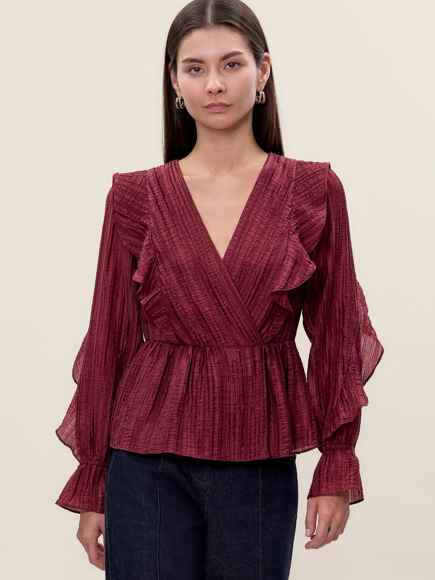  Olivia Ruffle Blouse in Sangria by Rebecca Taylor