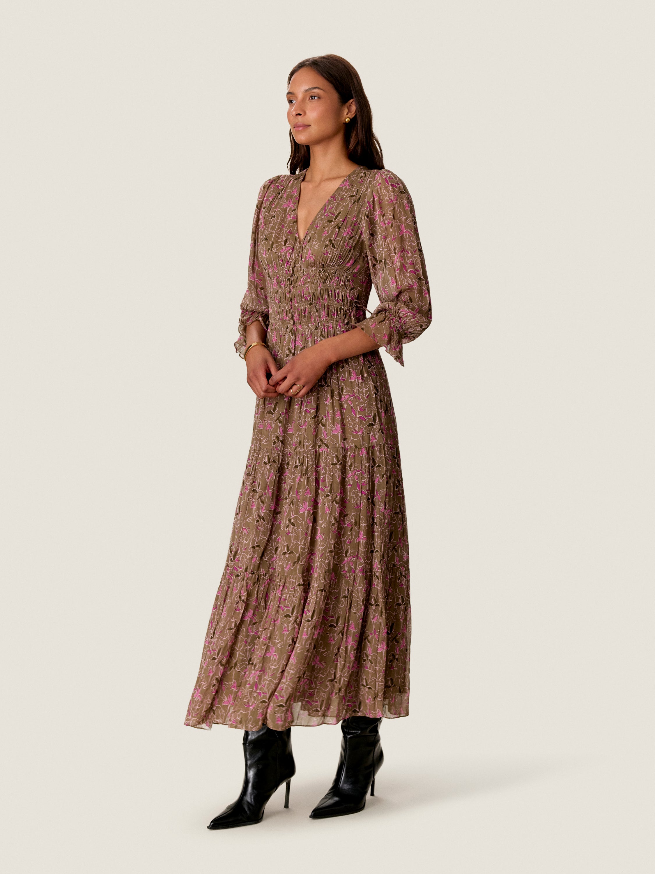  Audrey Smock Maxi Dress in Olive Multi by Rebecca Taylor
