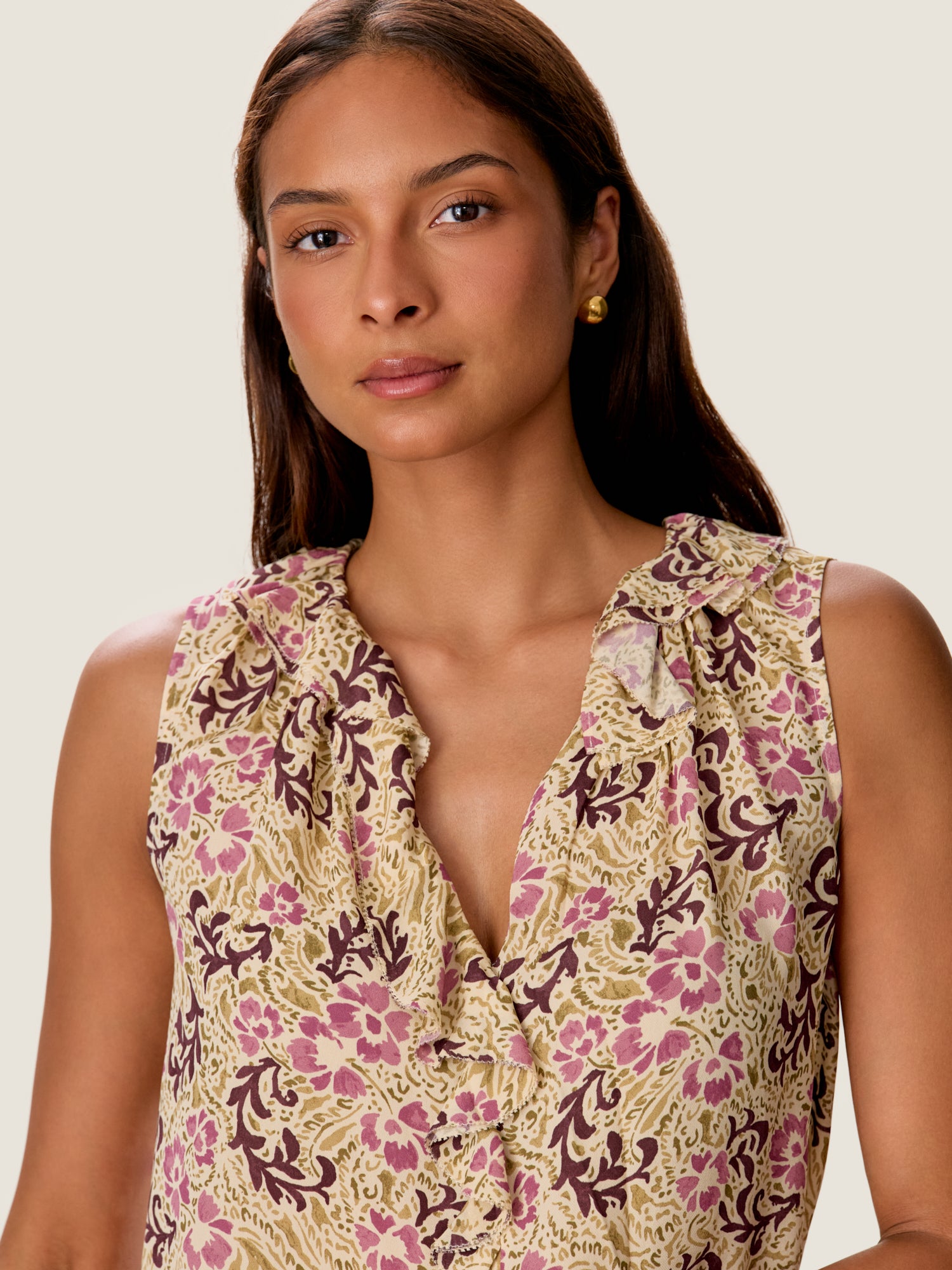 Caroline Ruffle Sleeveless Top in Alabaster Multi by Rebecca Taylor