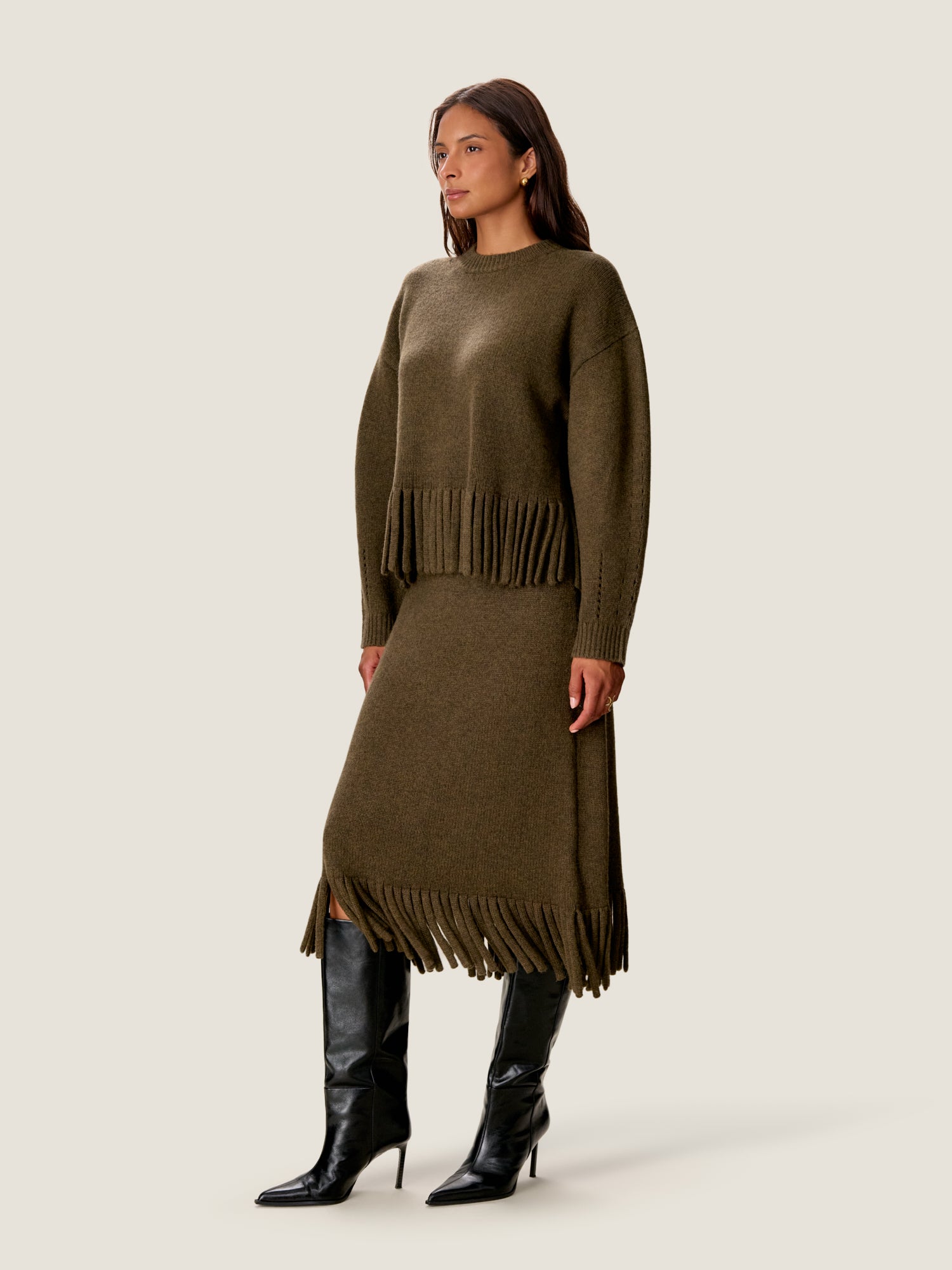  Emelia Fringe Sweater in Olive in Olive by Rebecca Taylor