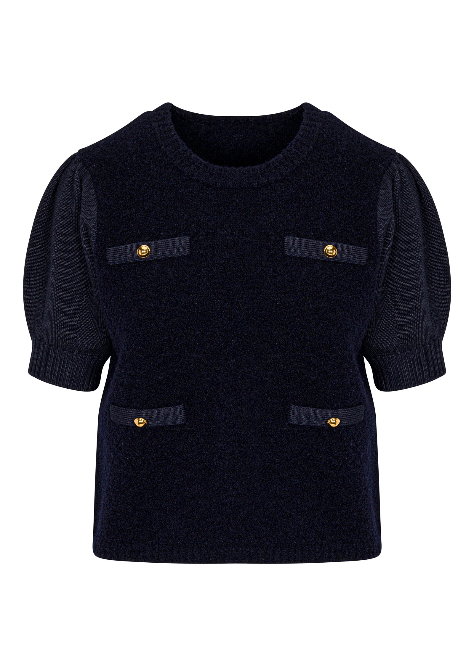 Navy Puffed Sleeve Sweater Boucle Texture Lady Pullover in Dark Navy by Rebecca Taylor