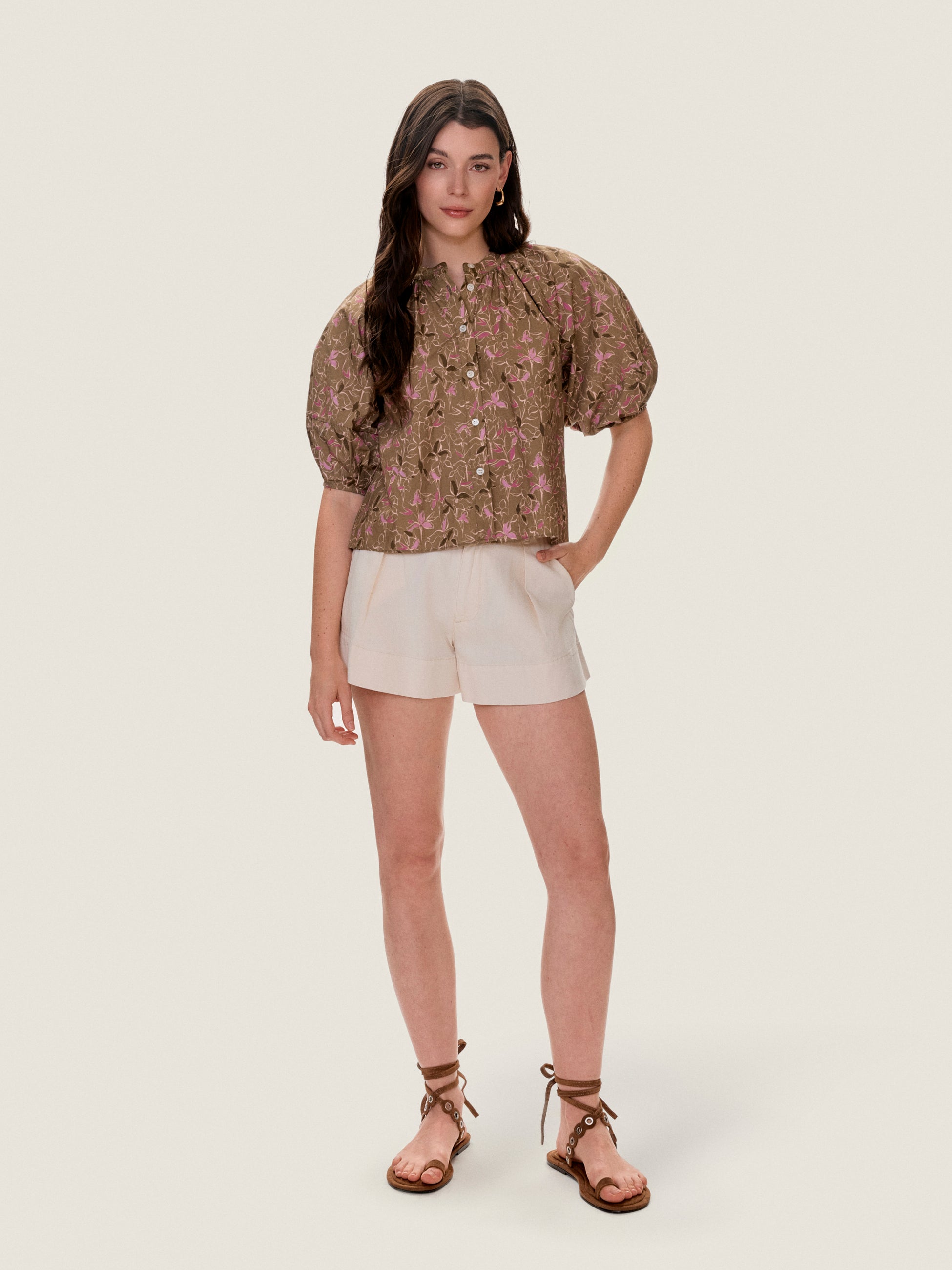  Josie Pleat Shirt in Olive Multi by Rebecca Taylor