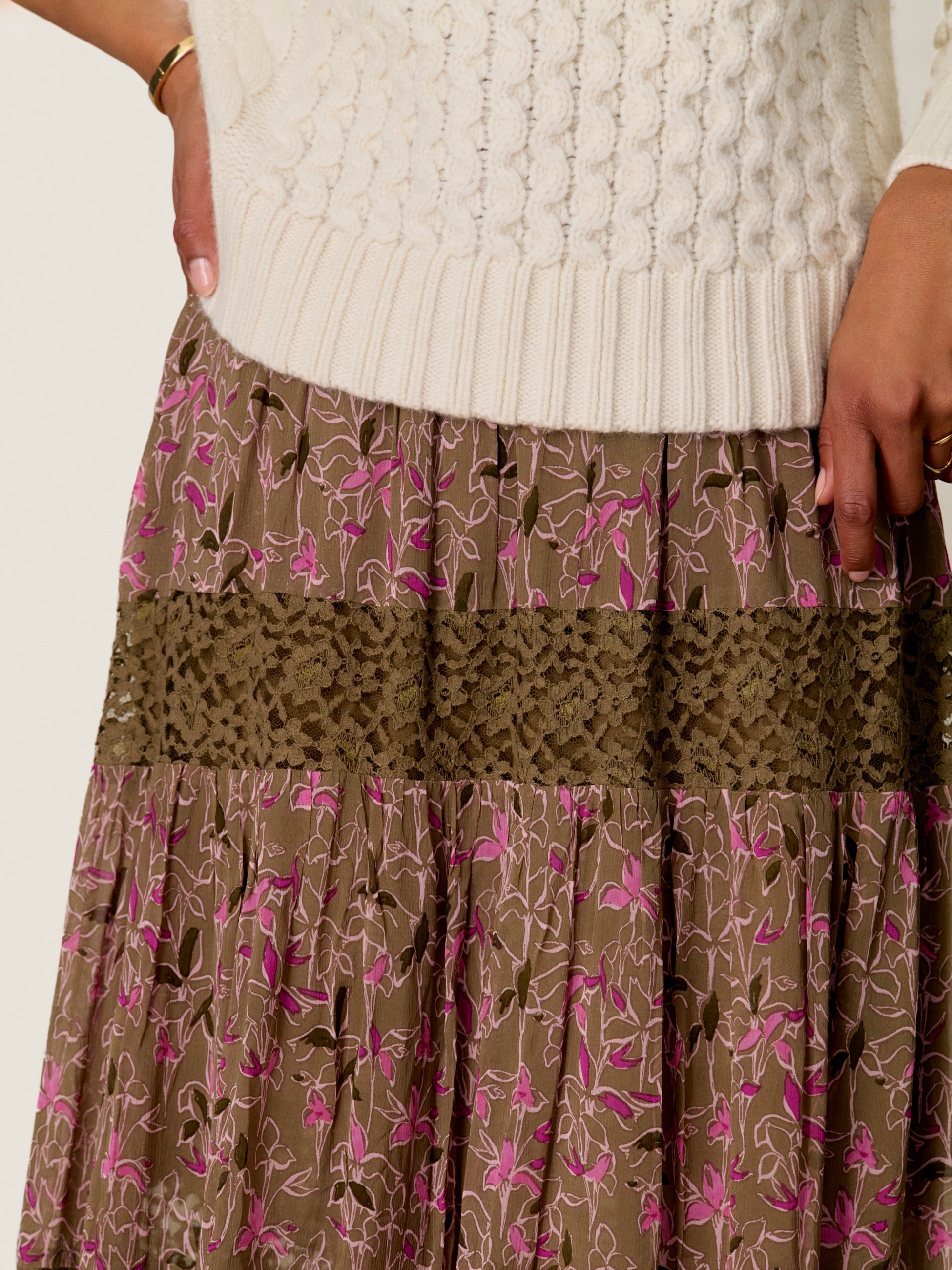  Kinsley Lace Mix Skirt in Olive Multi by Rebecca Taylor