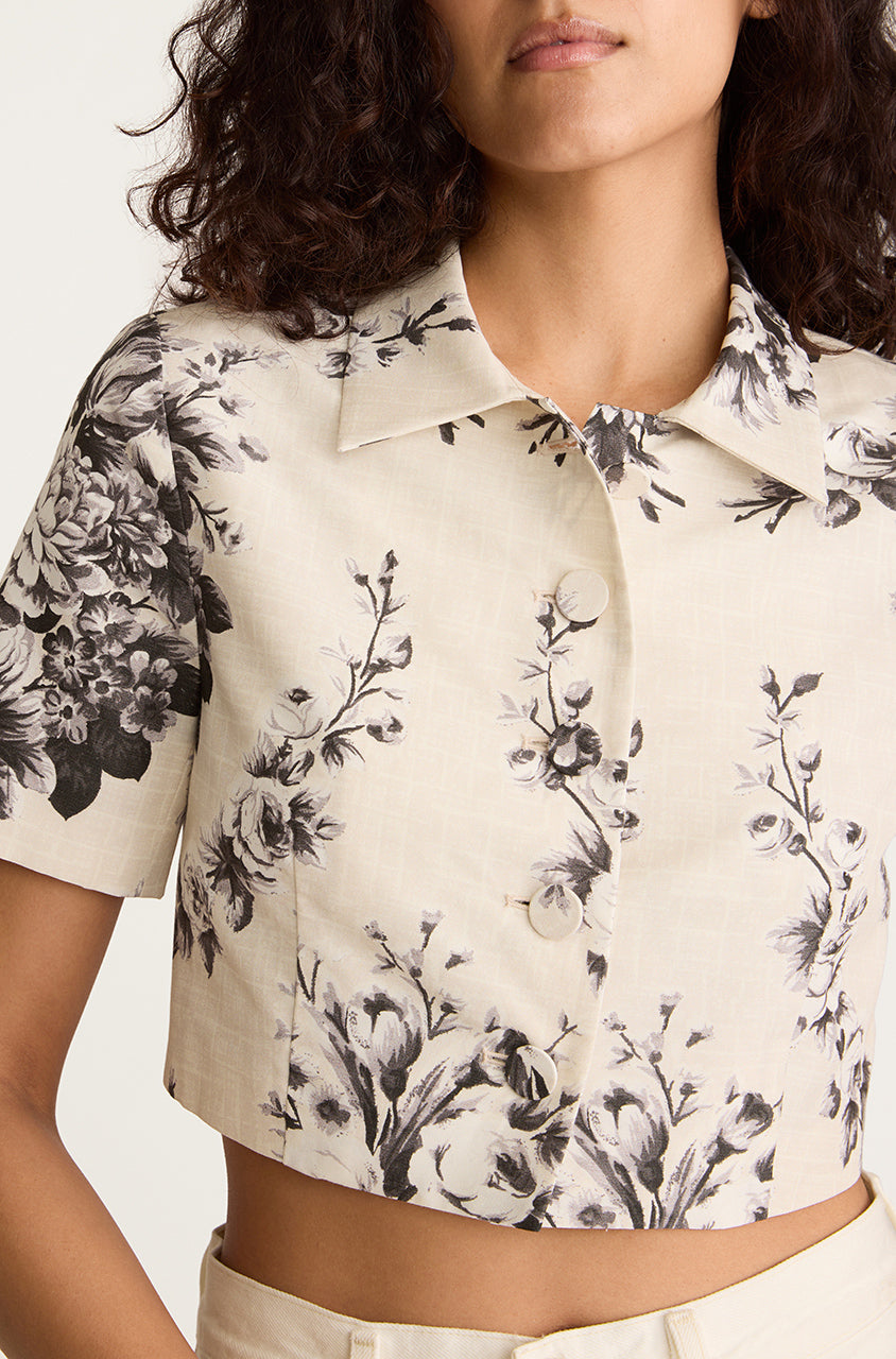 Floral Cropped Short-sleeve Shirt Emblem Fleur Blouse in Ivory Combo by Rebecca Taylor