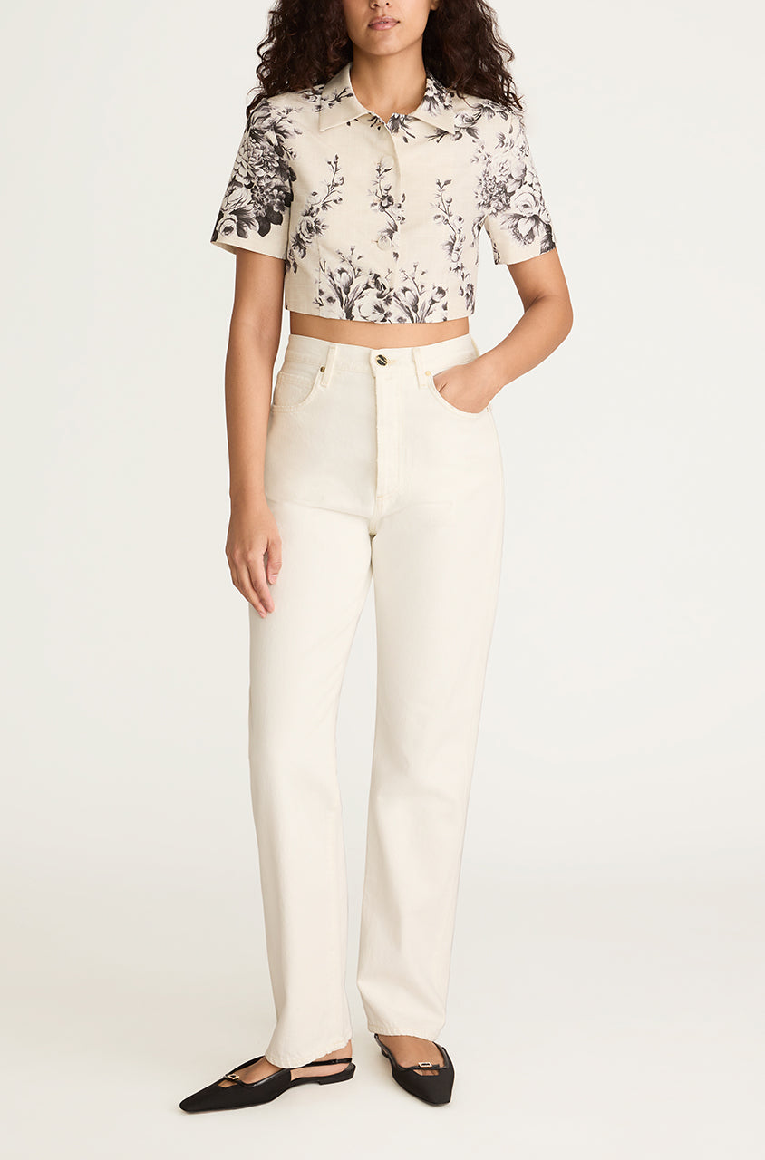 Floral Cropped Short-sleeve Shirt Emblem Fleur Blouse in Ivory Combo by Rebecca Taylor
