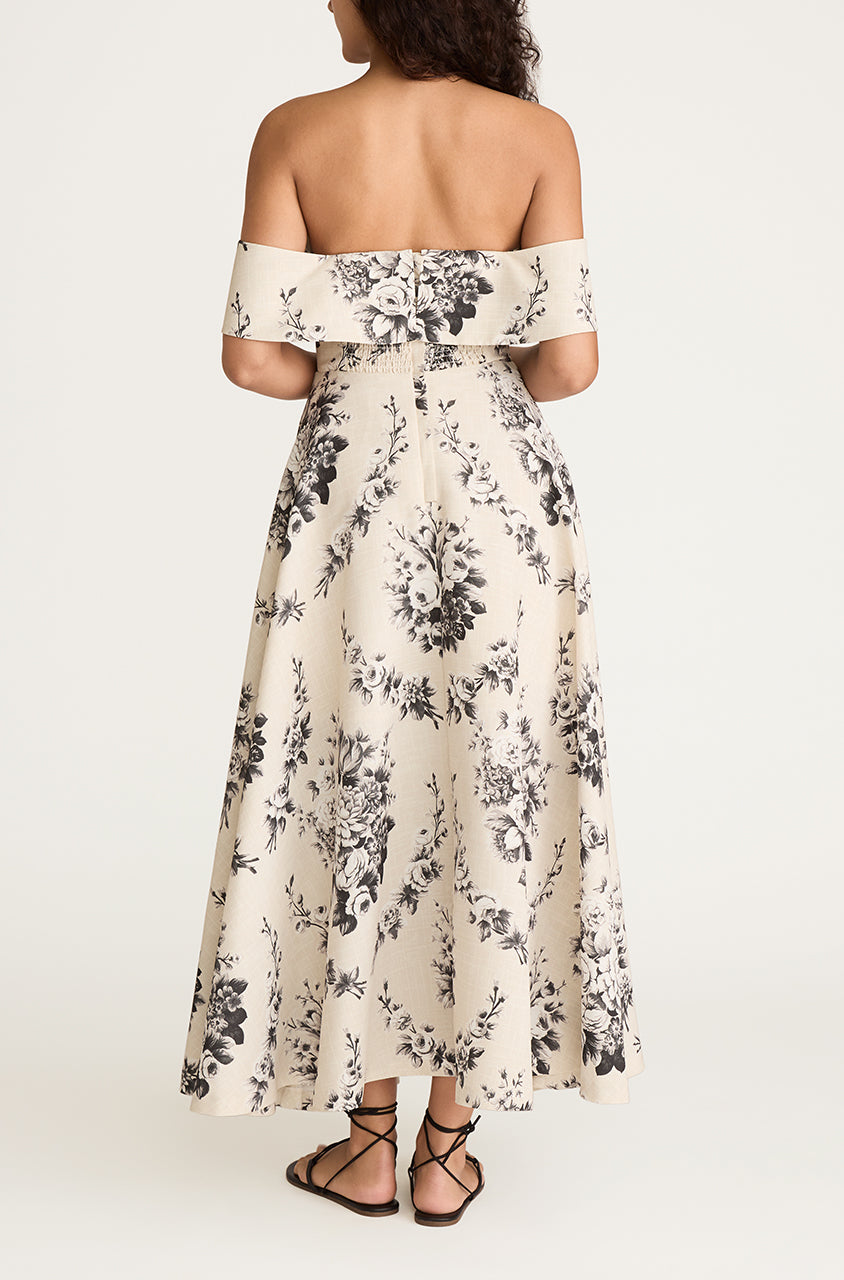 Floral Print Off-Shoulder Long Dress Emblem Fleur Structured Bodice Dress in Ivory Combo by Rebecca Taylor