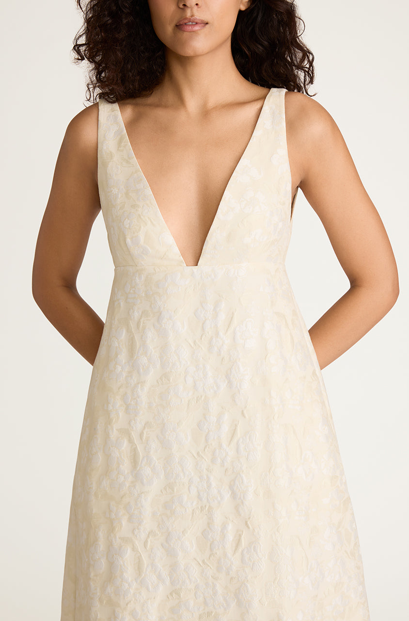 White Floral Maxi Dress Plunge V-Neck Empire Gown in Winter White by Rebecca Taylor
