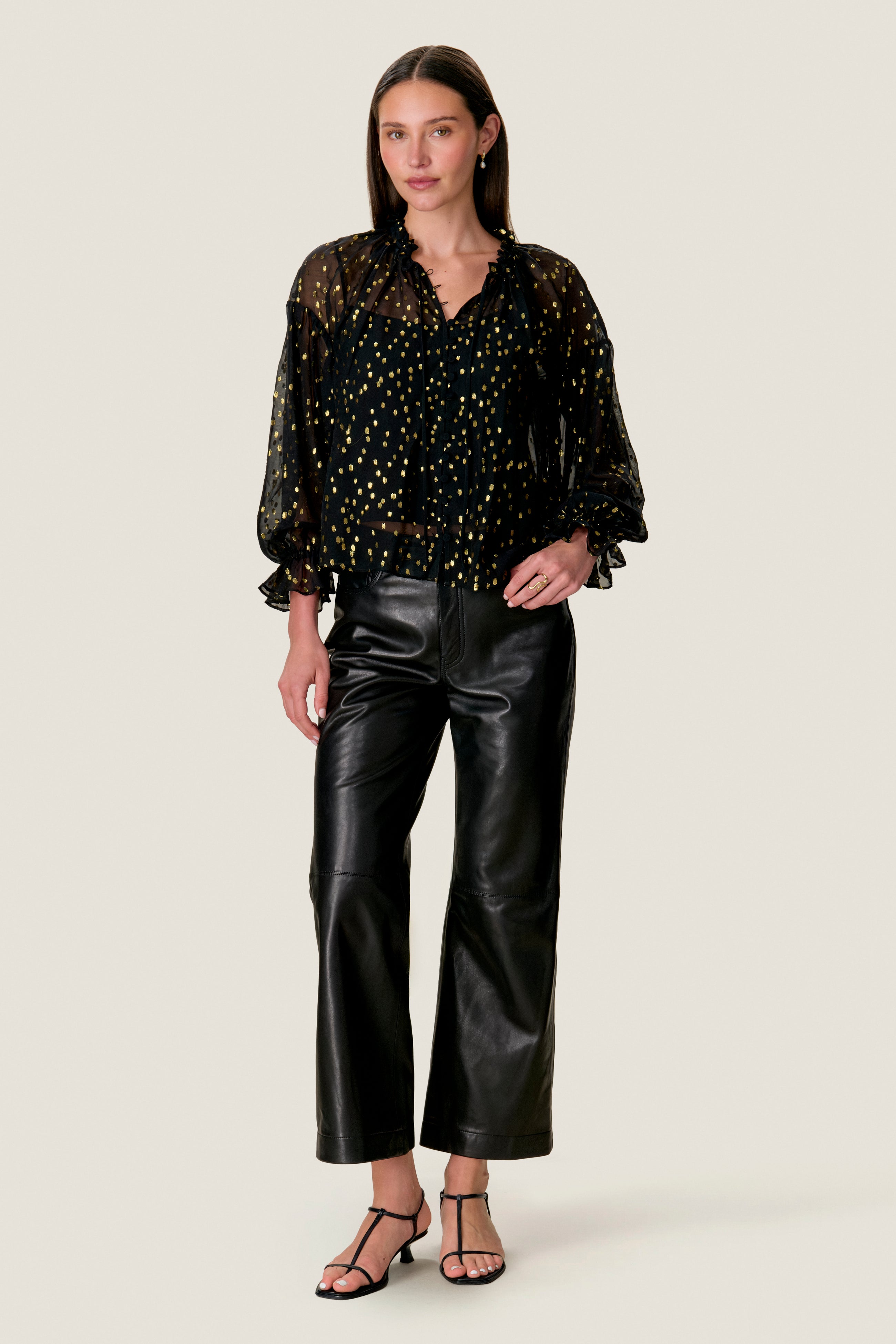  Tiana Metallic Dot Longsleeve Top in Noir by Rebecca Taylor