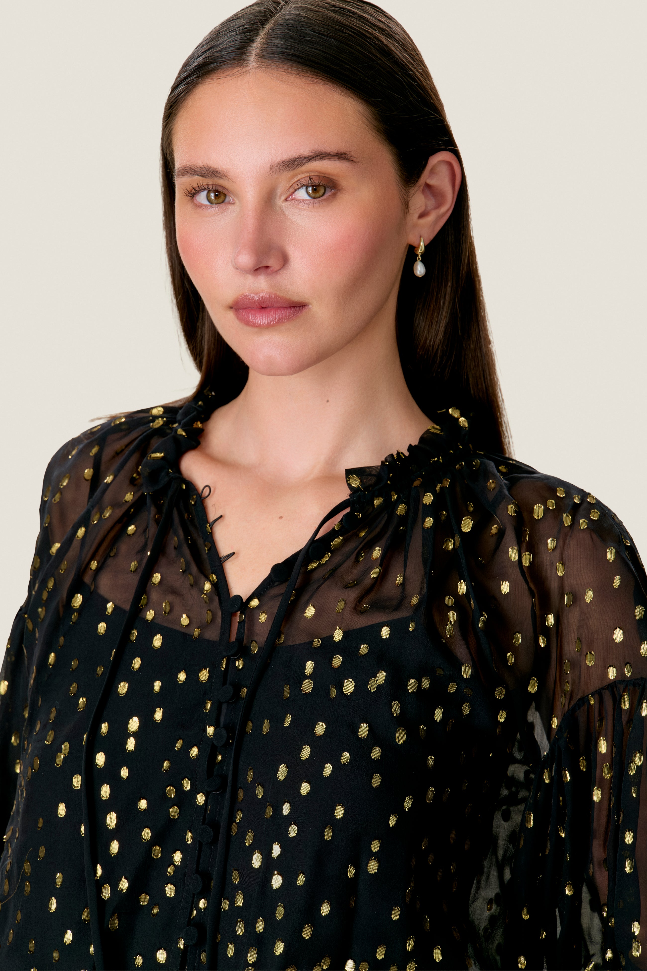  Tiana Metallic Dot Longsleeve Top in Noir by Rebecca Taylor