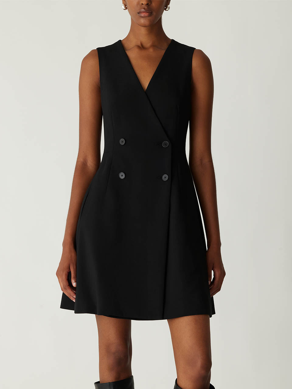 Black Sleeveless Tailored Dress Refined Suiting Double Breasted Mini Dress in Black by Rebecca Taylor