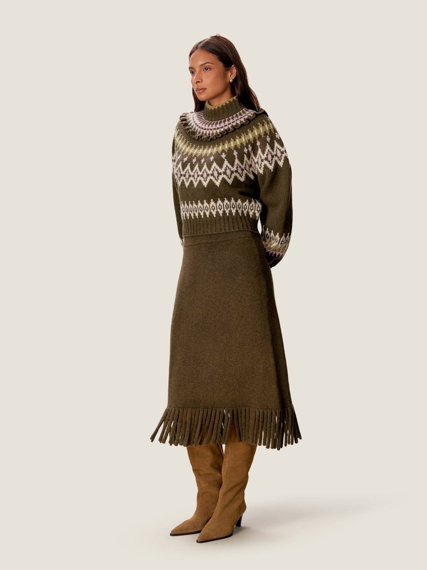  Emelia Fringe Sweater Skirt in Olive by Rebecca Taylor