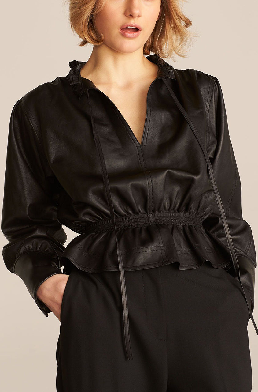 Black Smocked Waist Leather Blouse Glove Leather Blouse in Black by Rebecca Taylor