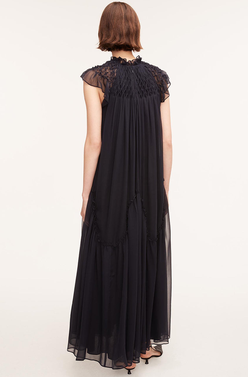 long chiffon dress black Dark Navy Ruffled Maxi Dress - Dark Navy Smocked Chiffon Dress