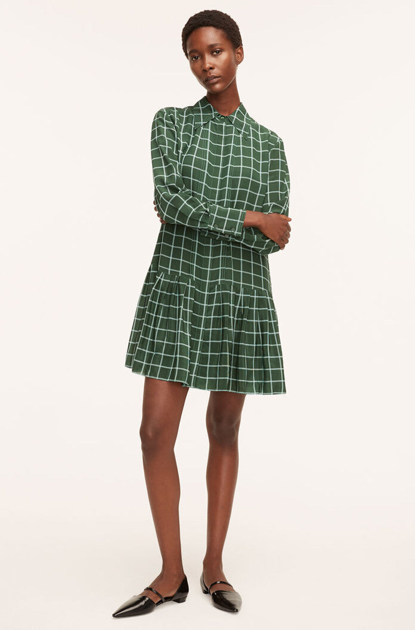  Windowpane Silk Pleated Shirt Dress in Windowpane Jasper Green Combo by Rebecca Taylor